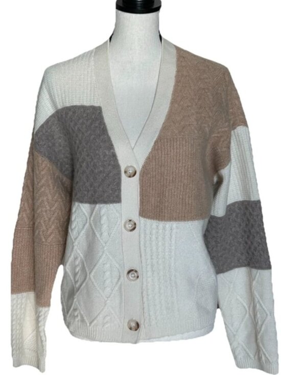 Magaschoni Sweaters - Magaschoni Womens Cashmere Cream Brown Colorblock Knit Cardigan L Boxy Cozy Luxe